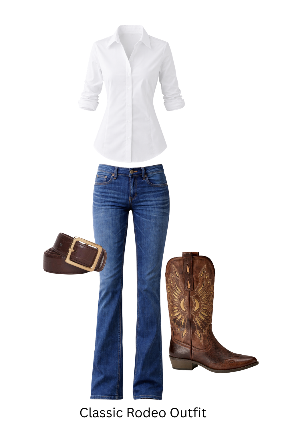 Woman wearing medium wash jeans, white button down shirt and cowboy boots styled as a classic rodeo outfit.