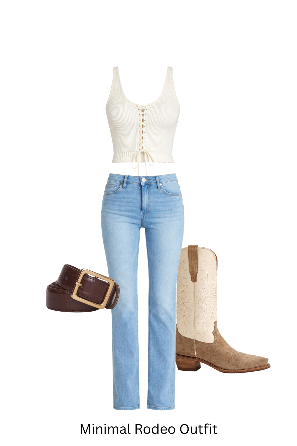 Minimal rodeo outfit with straight leg jeans, neutral knit top and suede cowboy boots.