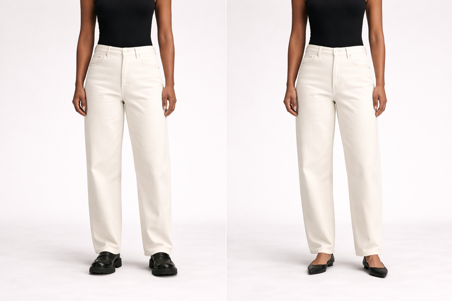 Comparison of the same straight-leg jeans styled with chunky loafers versus sleek flats, demonstrating how shoe weight changes visual balance and proportion.