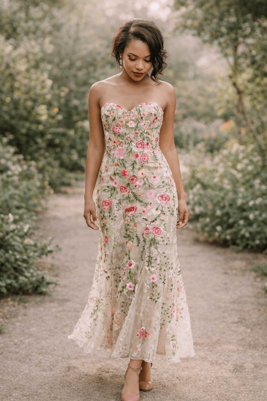 Bride wearing a soft floral embroidered strapless elopement dress with dusty rose heels walking through a romantic botanical garden