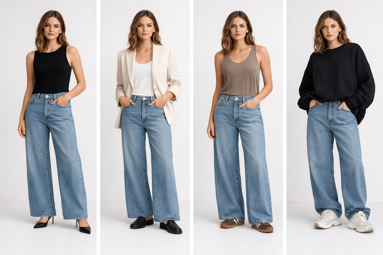Wide leg jeans styled with heel, loafer, slim sneaker, and chunky sneaker showing how different shoes affect balance and proportion.