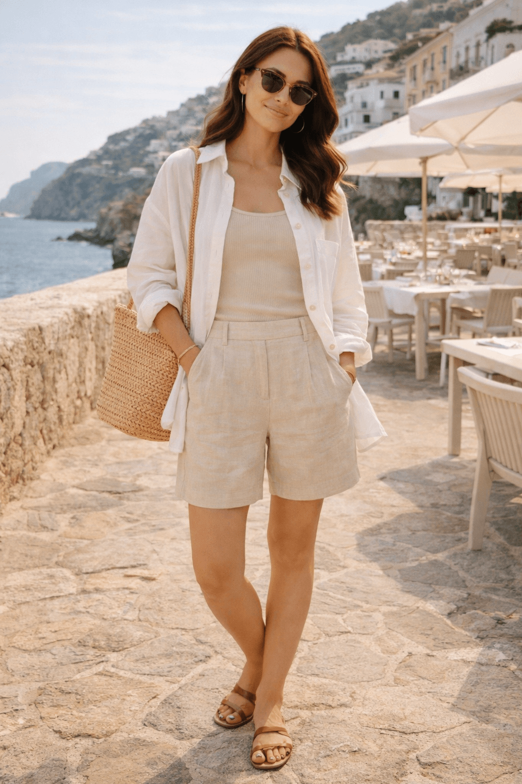 Summer aesthetic outfit ideas with neutral linen shorts, tank top, and open button down styled for a coastal vacation outfit.