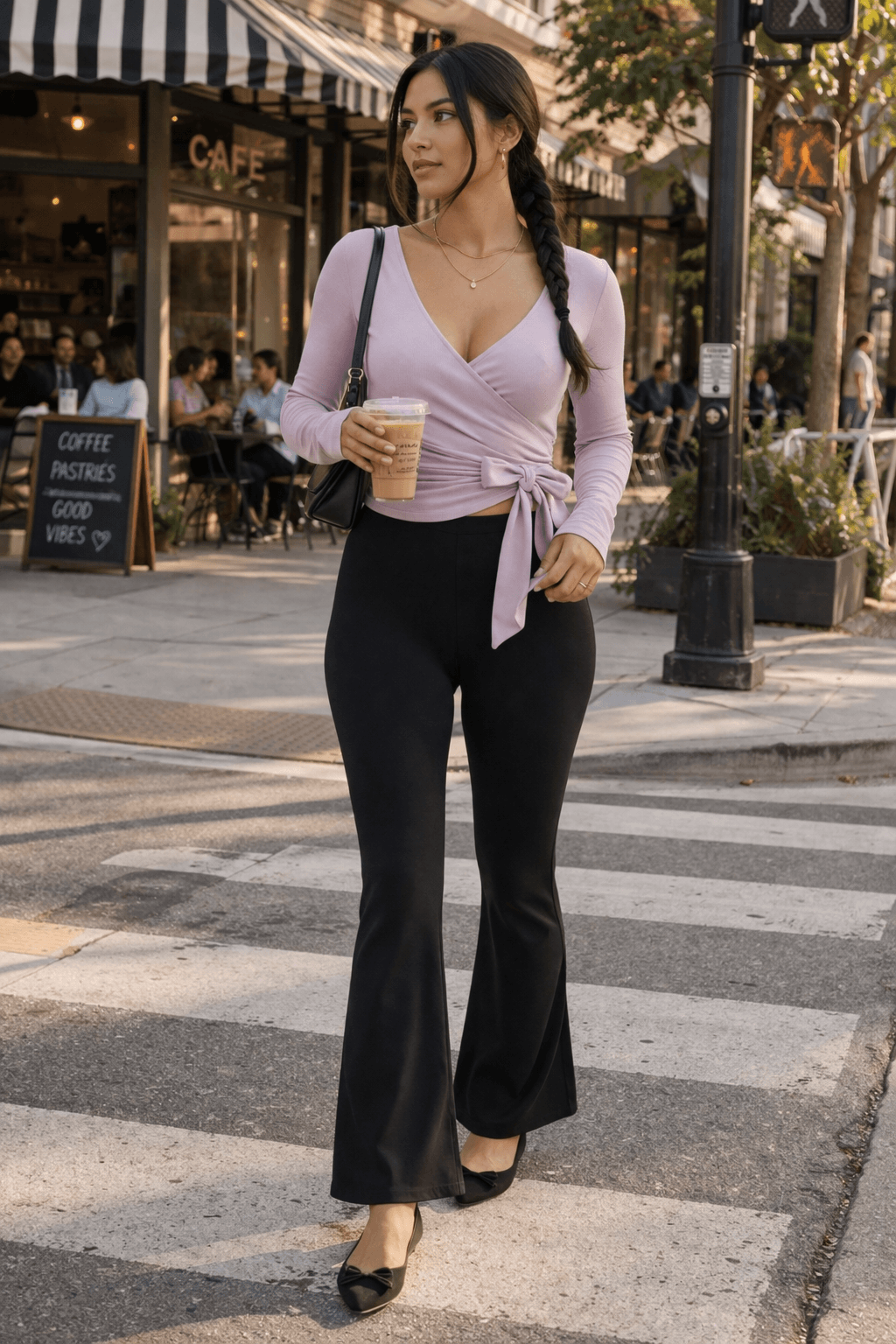 Black flare leggings styled with a lilac wrap top and ballet flats for an effortless, put-together outfit