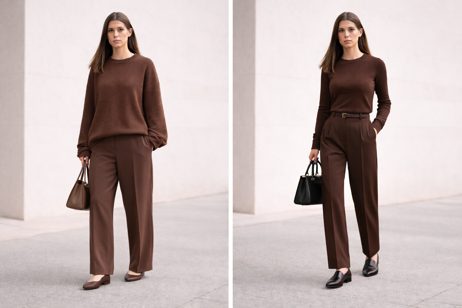 Split-screen comparison showing loose brown oversized knit with slouchy pants and sneakers versus structured chocolate brown tailored trousers with fitted knit and pointed ankle boots to demonstrate the structure rule in brown outfits.