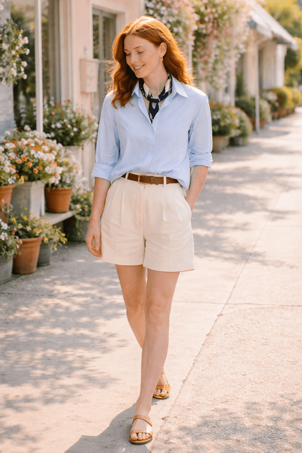 thin scarf tucked under collar with button down shirt and shorts
