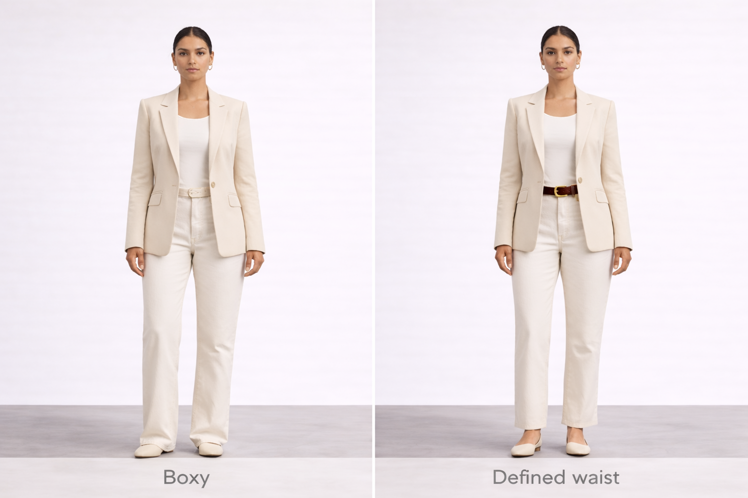 Rectangle body type outfit comparison showing boxy blazer styling versus defined waist with belt for added shape.