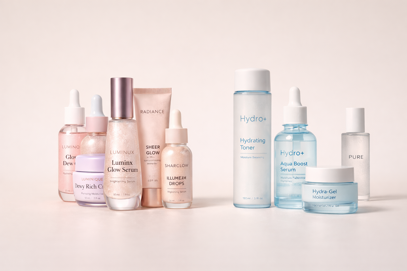 Comparison of glow-heavy skincare products versus lightweight hydrating skincare products arranged side by side on a neutral editorial background