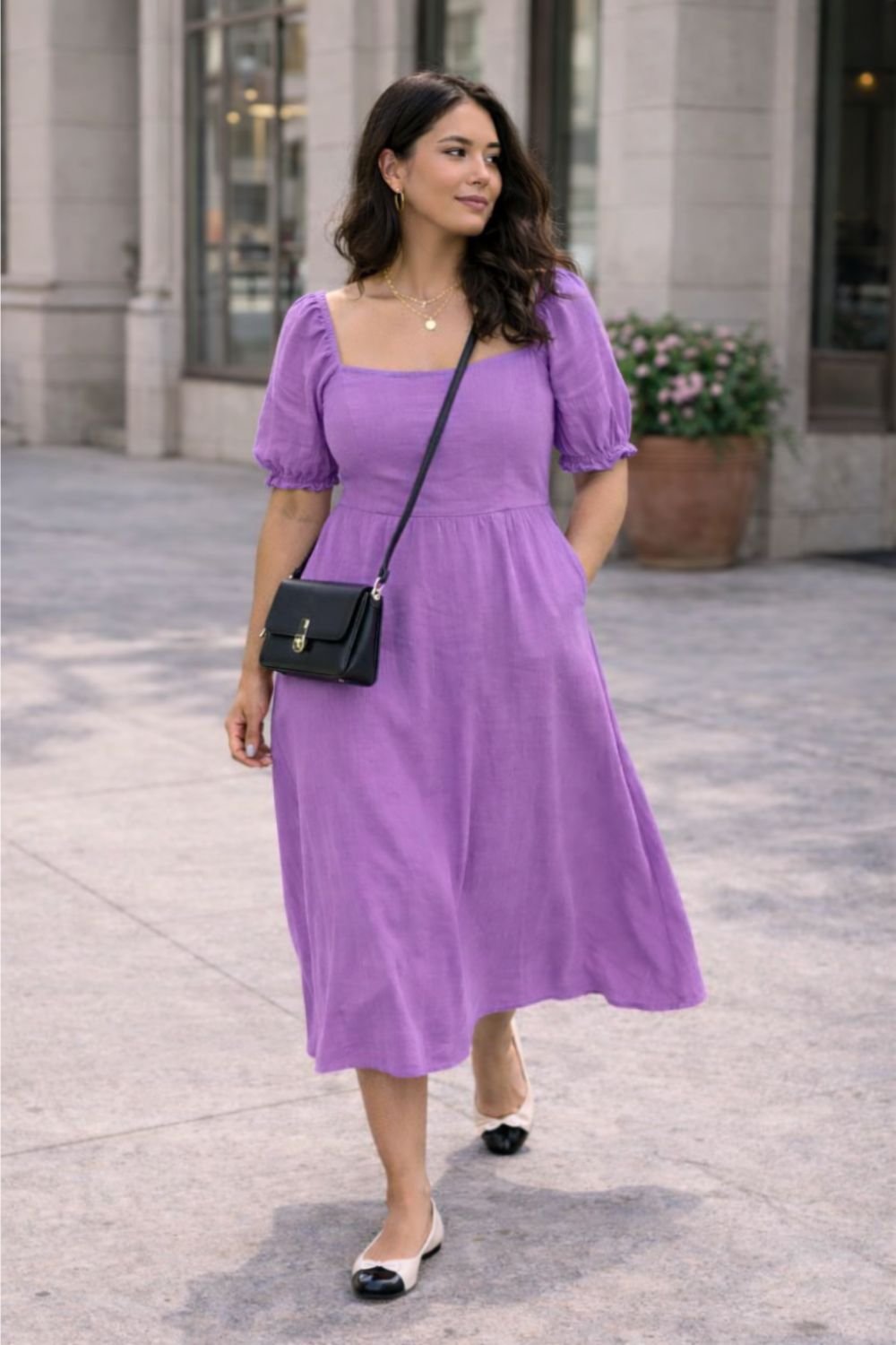 spring outfit idea featuring a rust red midi dress styled with ballet flats and crossbody bag