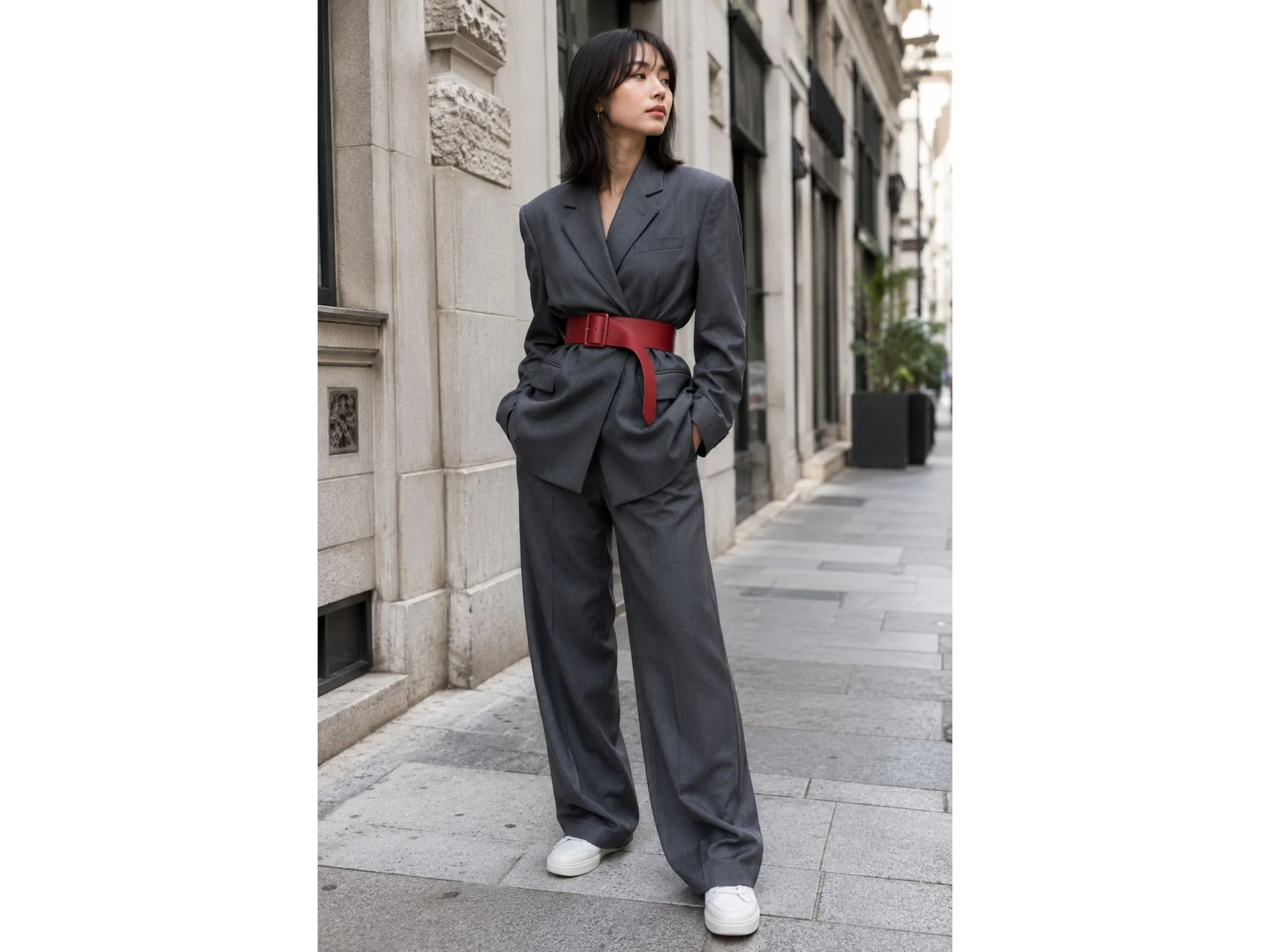 East Asian woman in an oversized grey blazer and matching trousers cinched at the waist with a wide red belt.