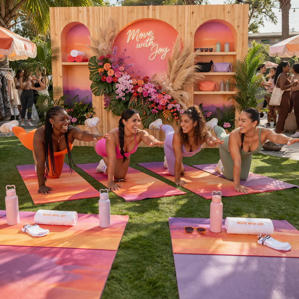 Outdoor activewear wellness event with diverse women doing yoga poses at colorful fashion brand activation in Los Angeles
