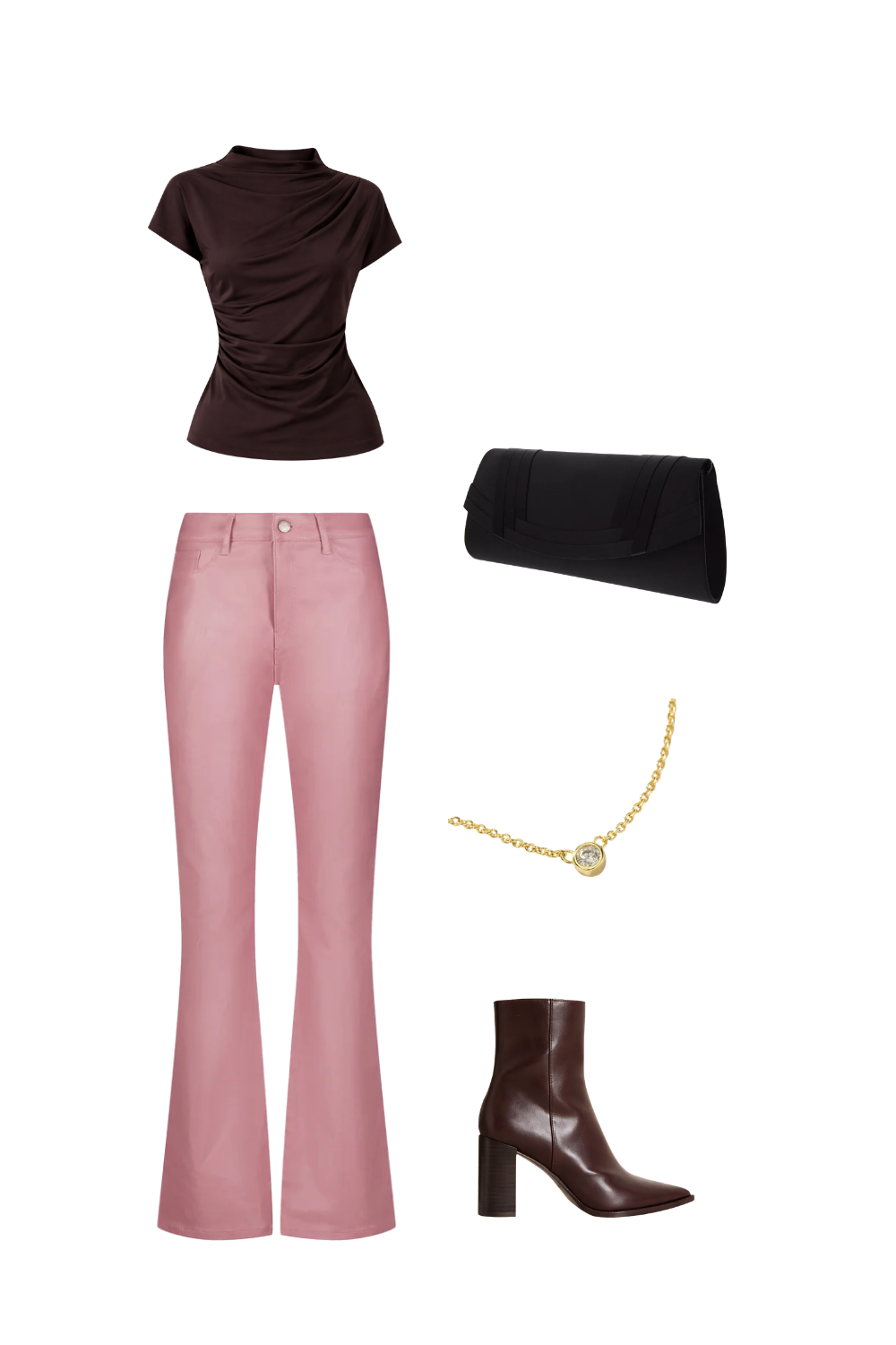 How to style jeans in salmon coated flare denim with draped chocolate top, clutch and brown heeled boots.