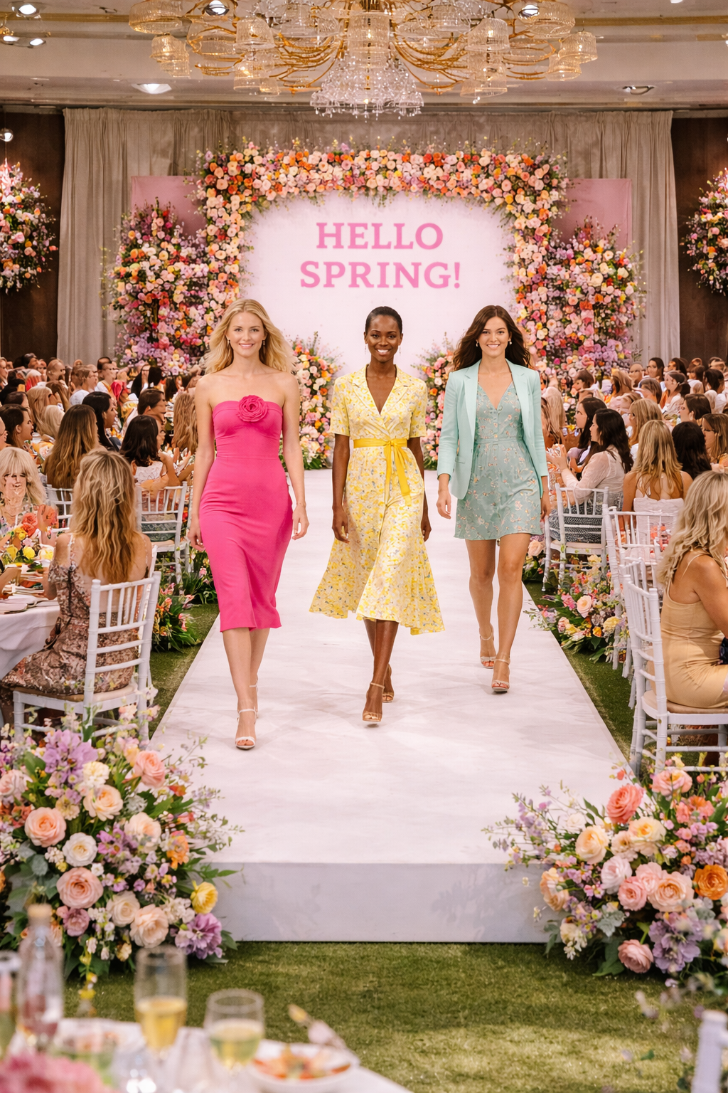 Spring fashion luncheon runway show with models walking down floral runway surrounded by guests at colorful fashion event