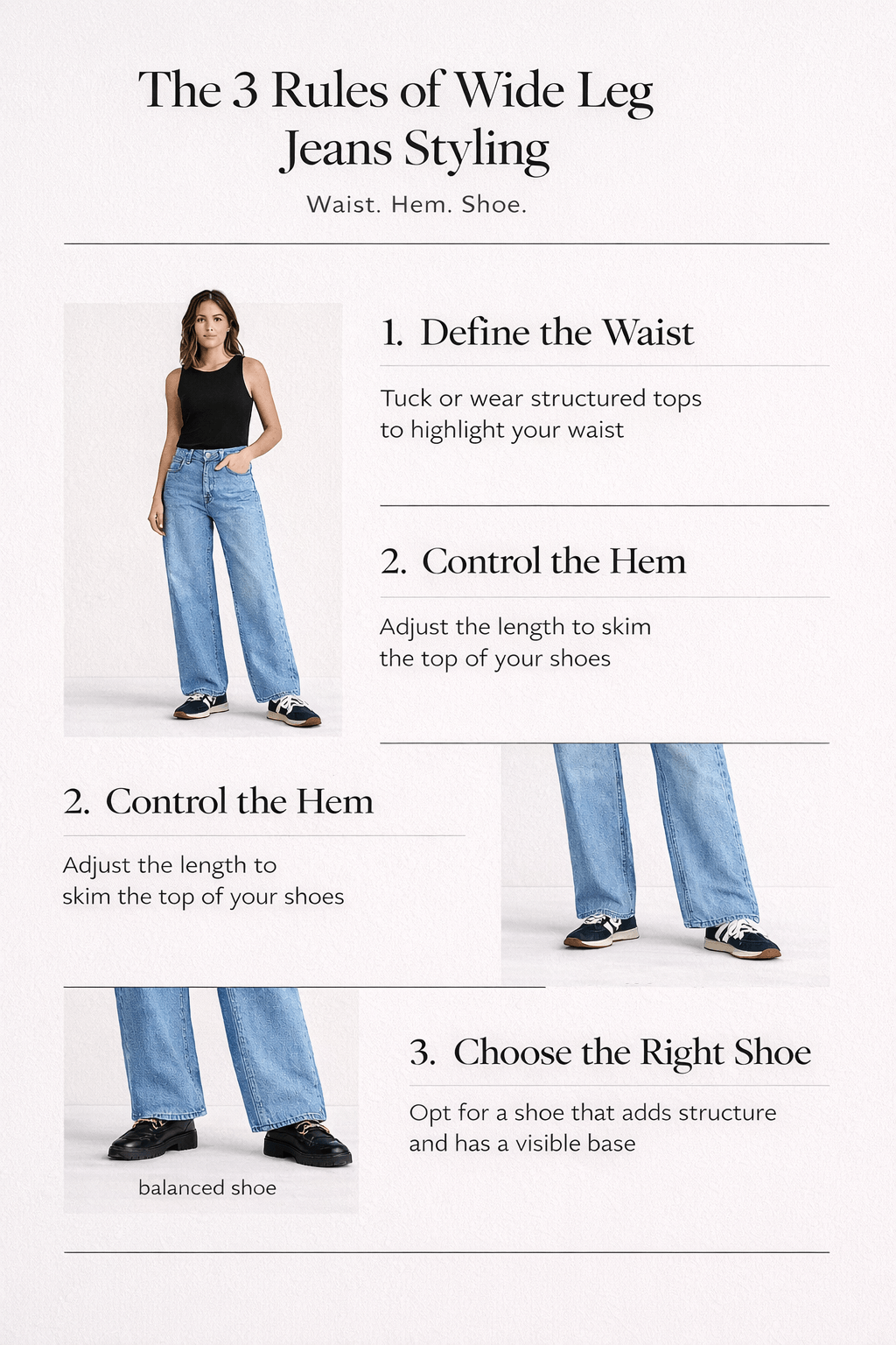 Infographic showing the 3 rules for styling wide leg jeans: define the waist, control the hem length, and choose structured shoes for a balanced outfit.