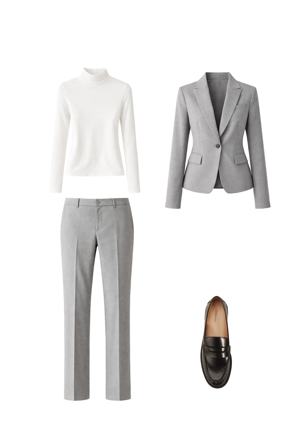 Grey tailored trousers and blazer styled with a turtleneck and black loafers for a polished fall layered outfit.