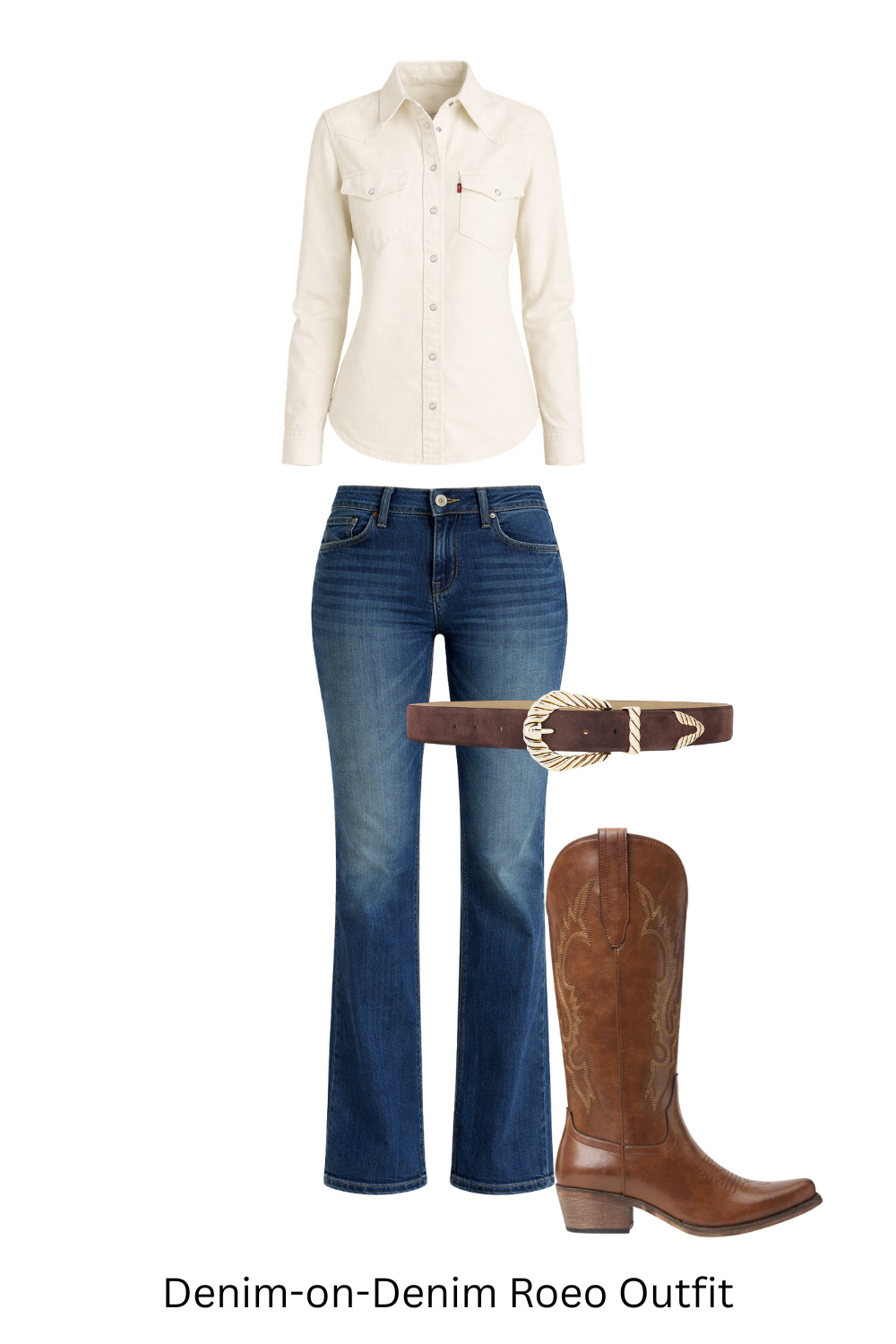 Denim on denim rodeo outfit styled with denim shirt, straight leg jeans and cowboy boots.