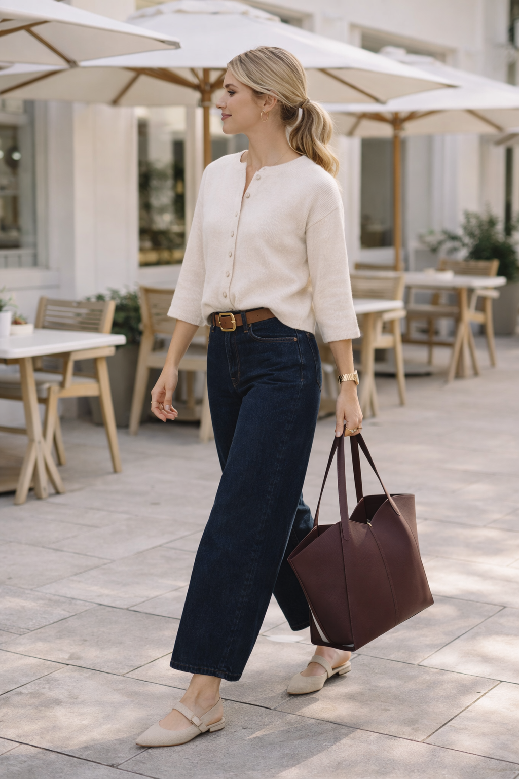transitional spring outfit lightweight cardigan dark jeans flats casual chic spring outfit