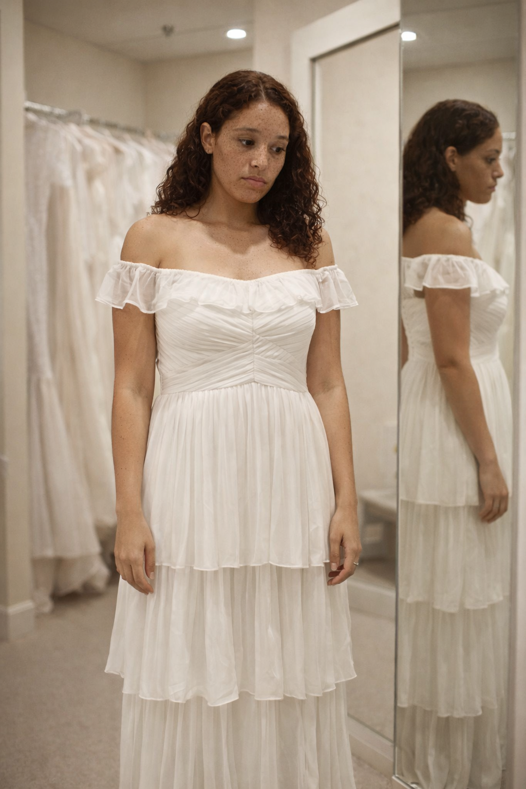 Bride in tiered off-shoulder chiffon elopement dress standing in bridal fitting room with slumped posture and unsure expression in front of mirror