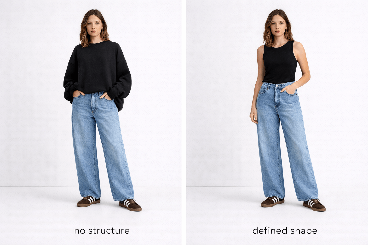 Side-by-side outfit comparison showing wide leg jeans with oversized top versus fitted top, illustrating lack of structure versus defined shape.