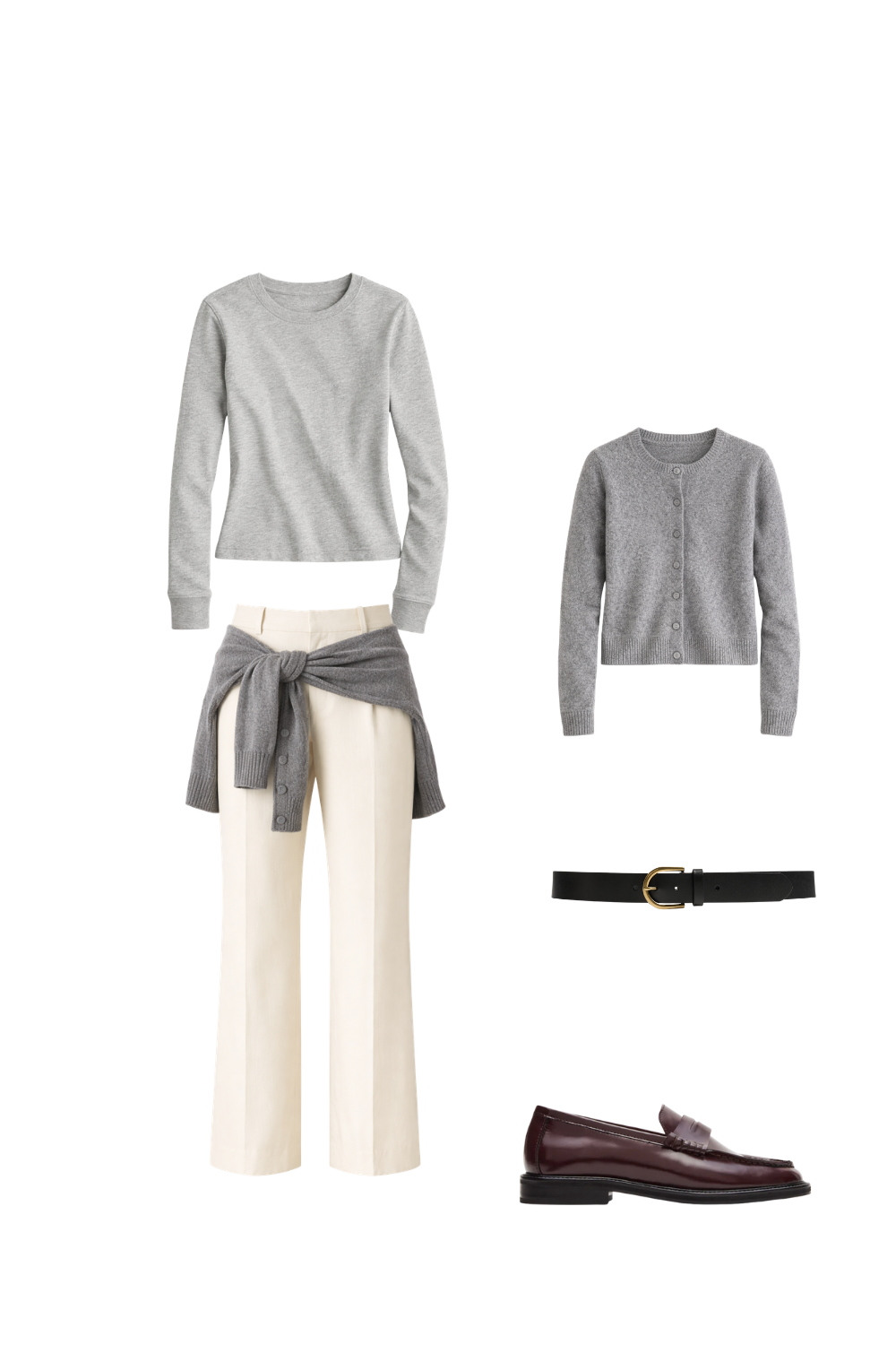 Grey top and cardigan styled with cream trousers and brown loafers for a layered neutral outfit.