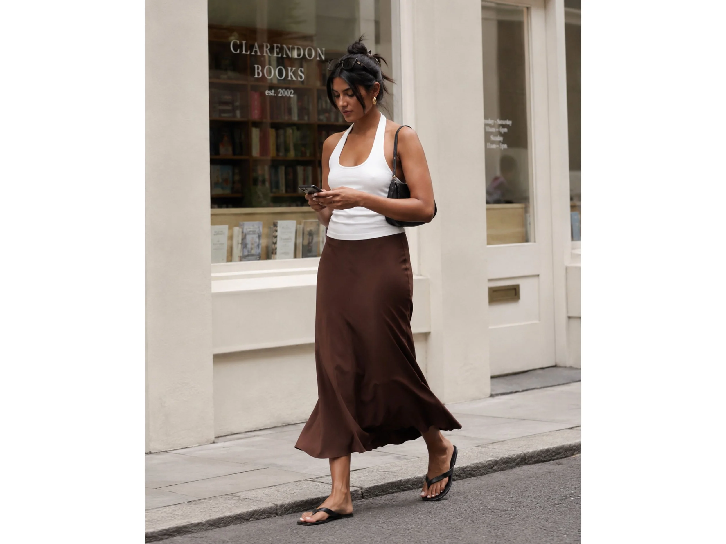 woman wearing a white halter tank, lightweight chocolate brown midi skirt, black flat sandals, and a small black shoulder bag while walking past a bookshop.