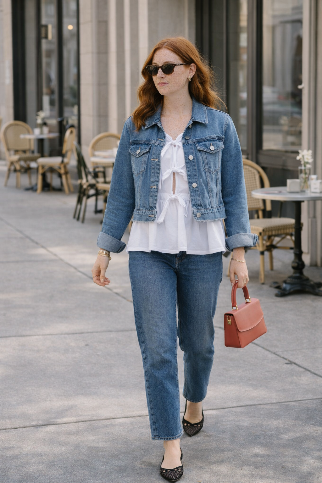 transitional spring outfit denim jacket white blouse straight leg jeans casual spring layering outfit