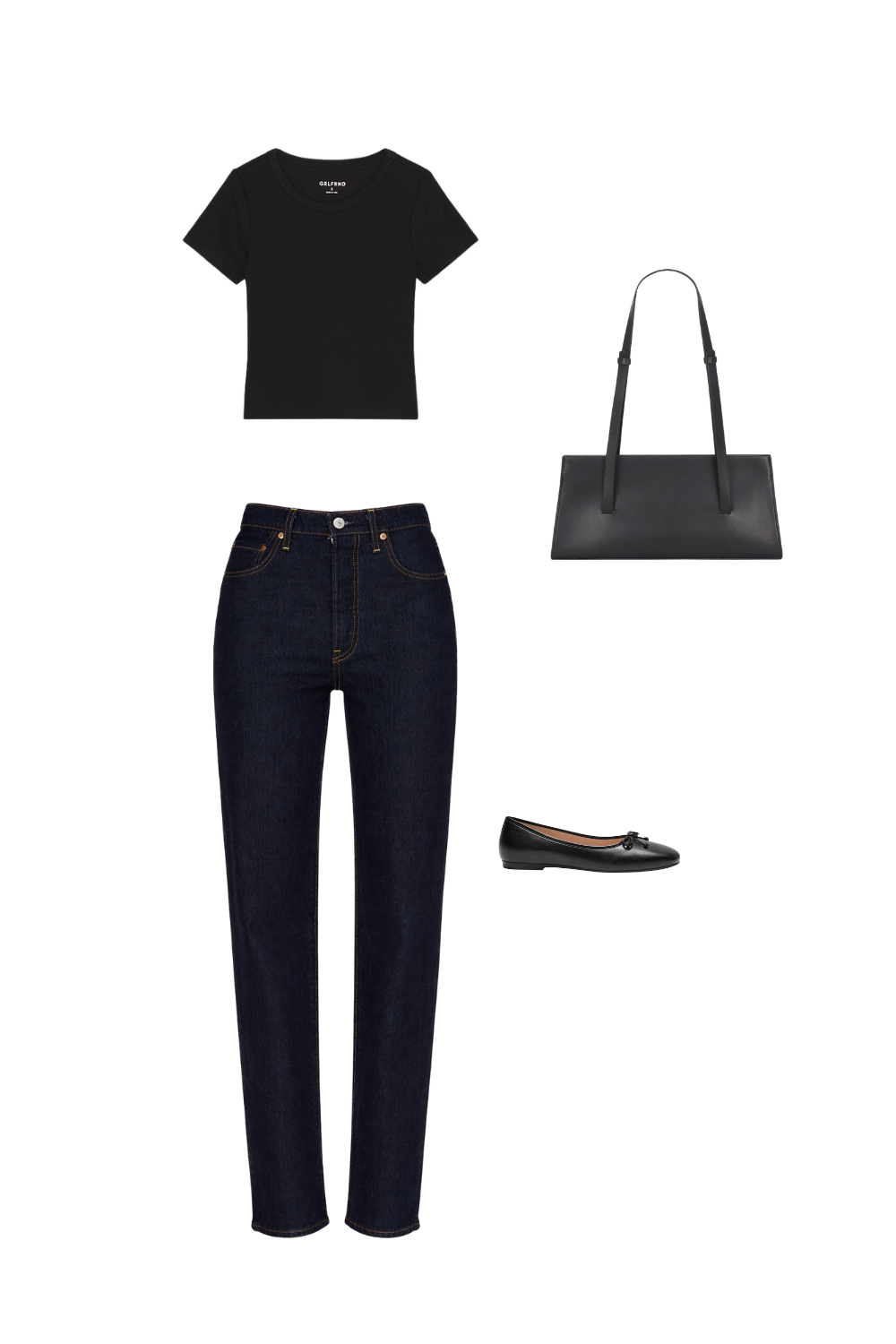 Dark wash straight-leg jeans with black ballet flats, fitted black tee, and structured tote showing ankle-length hem clarity.