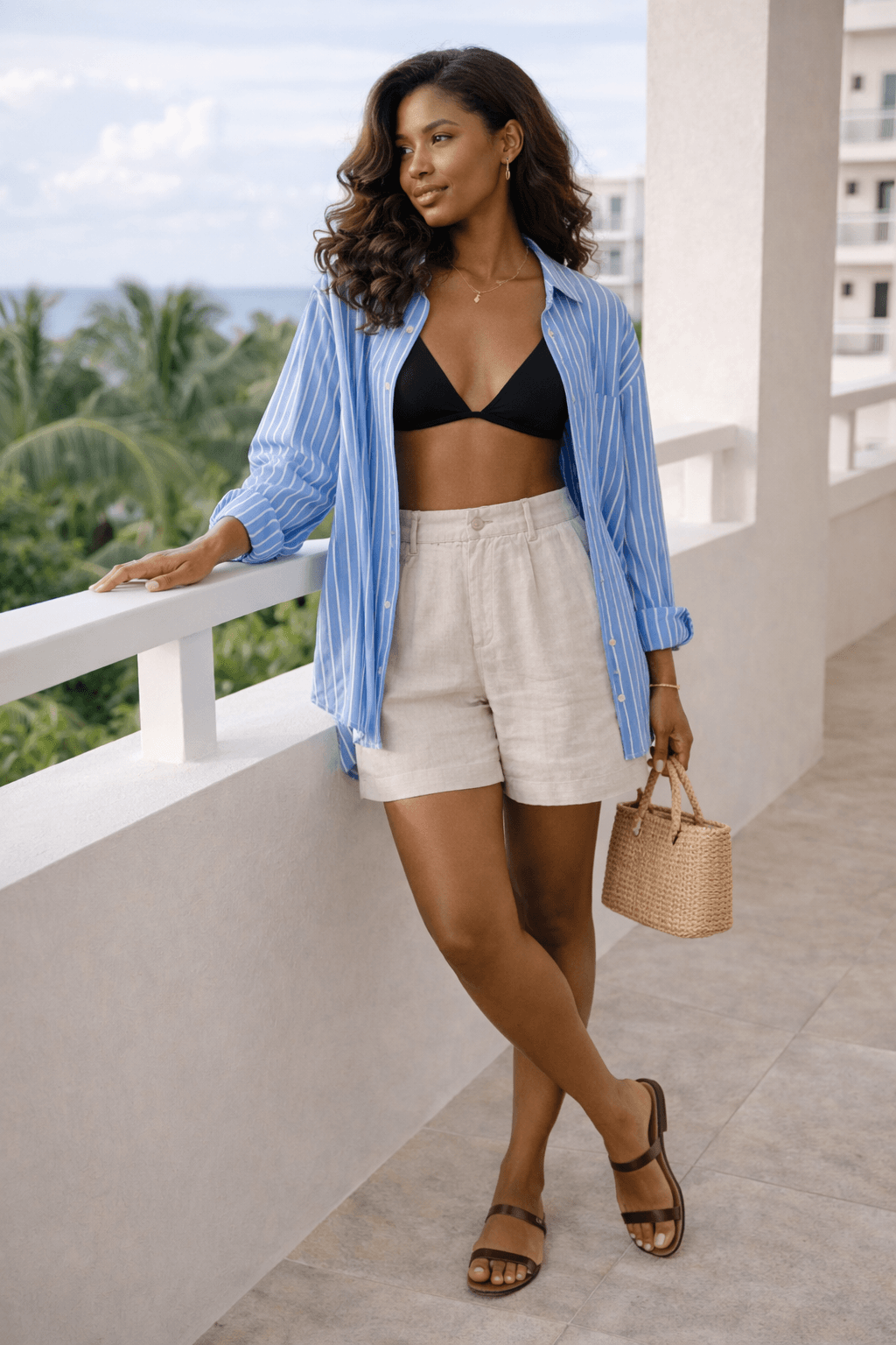 Woman wearing oversized blue striped button-down over black bikini top with beige linen shorts on resort balcony