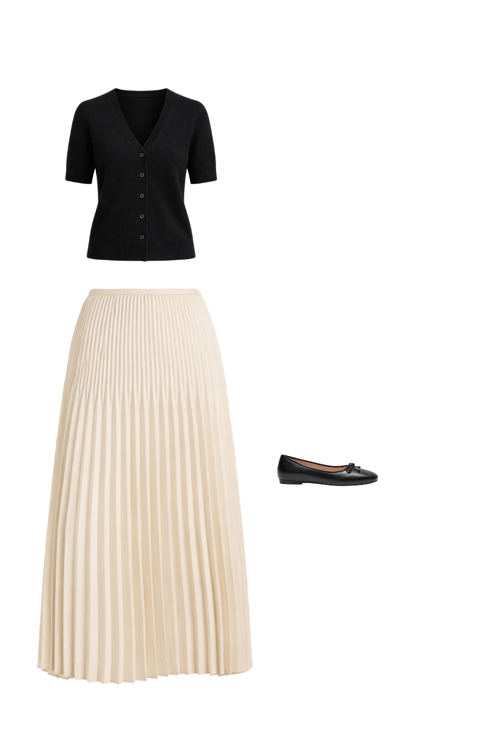 Black ballet flats worn with structured black mini skirt and fitted long-sleeve ivory top for a sharp, leg-lengthening silhouette.
