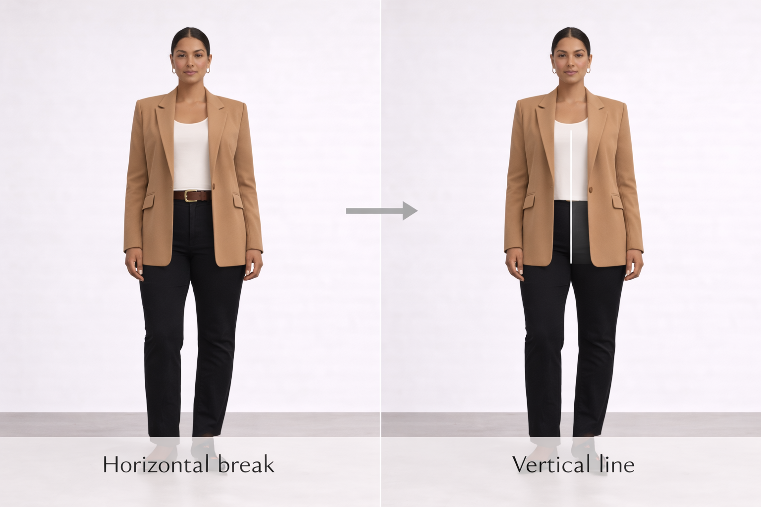 Apple body shape styling comparison showing horizontal belt break versus vertical line created by open blazer.
