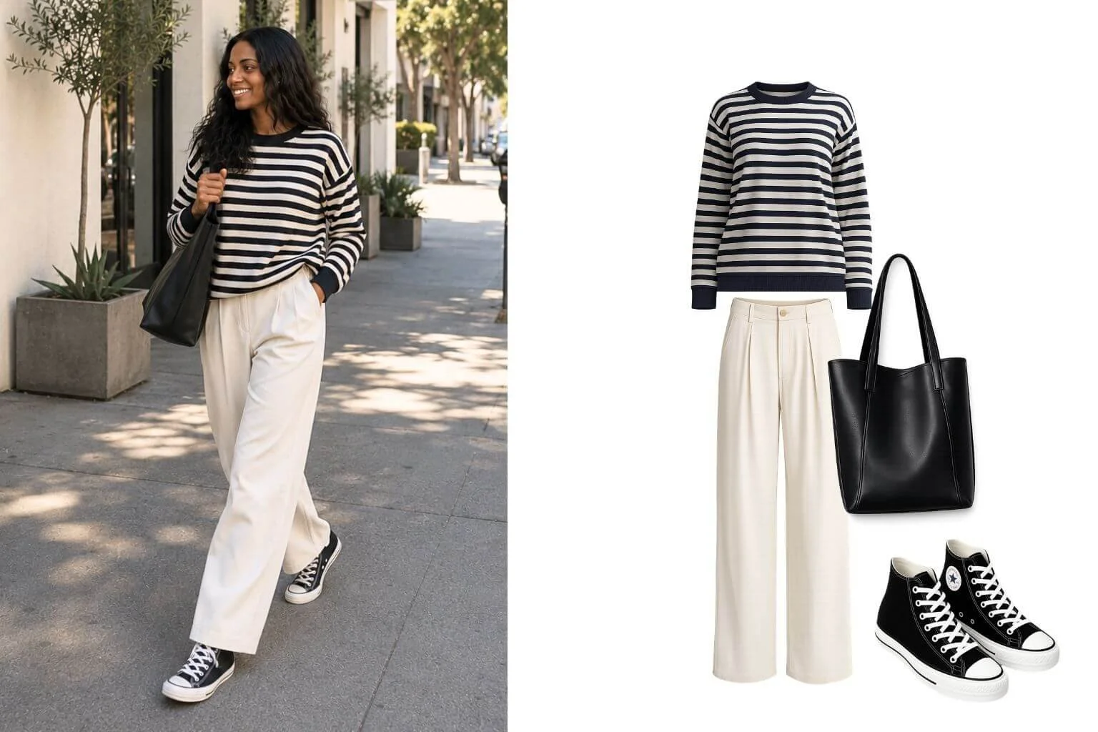 Woman wearing a navy striped knit sweater, cream wide-leg trousers, and black Converse sneakers in a timeless French-girl-inspired outfit.