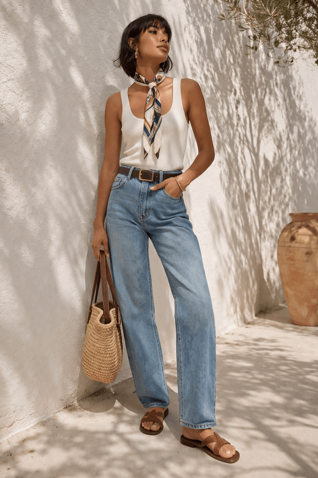 long scarf necklace tie with ribbed tank and jeans minimalist outfit
