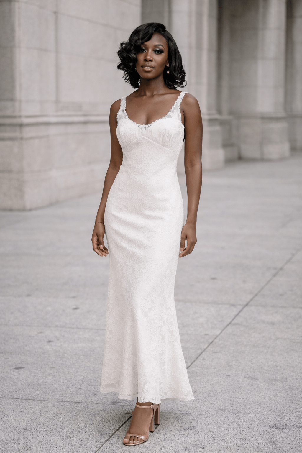 women posing in a classic waist elopement dress. this listicle gives ideas on what to wear as a bride for your elopement.