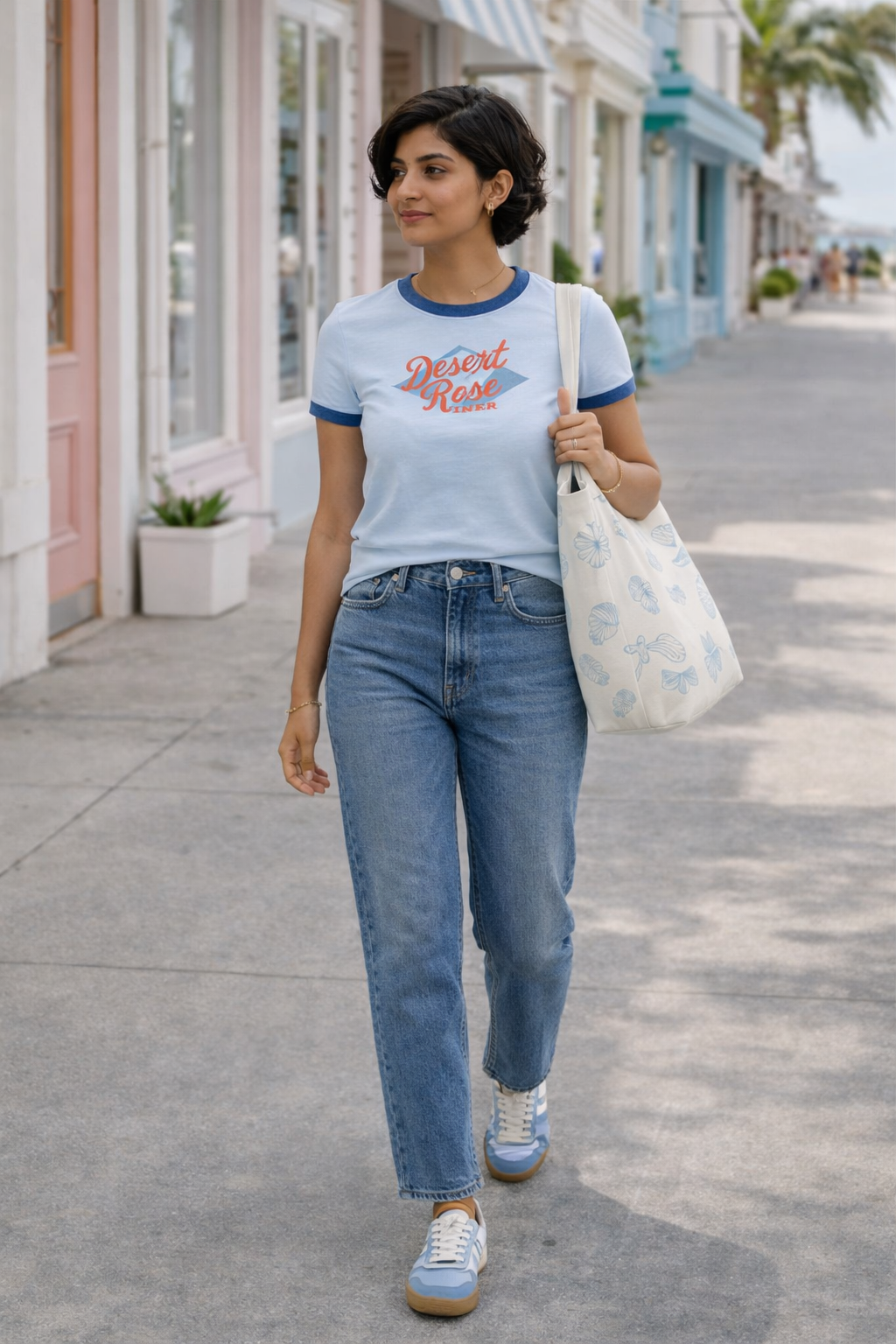 transitional spring outfit graphic tee straight leg jeans sneakers casual spring outfit women