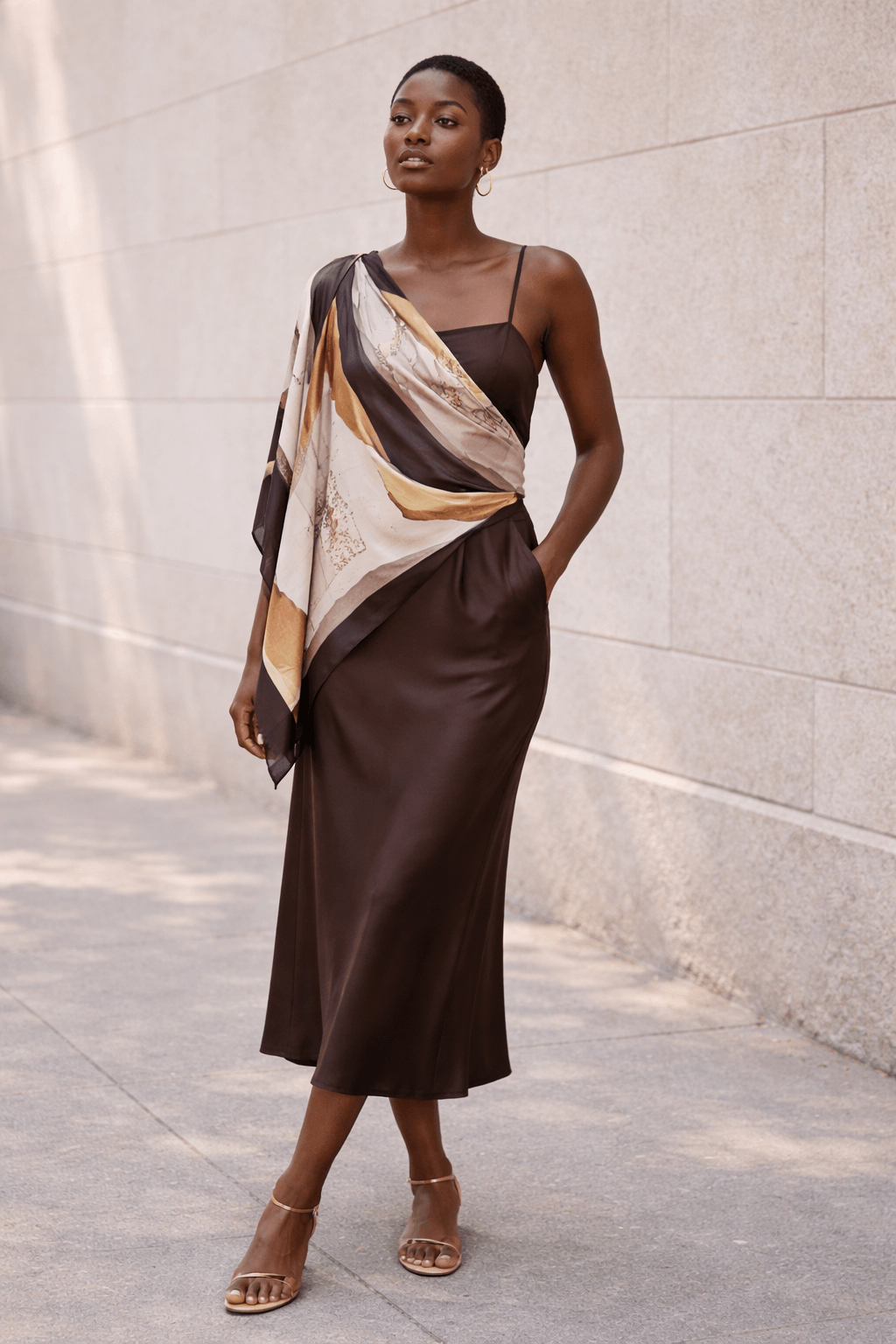 lightweight scarf draped over shoulders with slip dress summer outfit