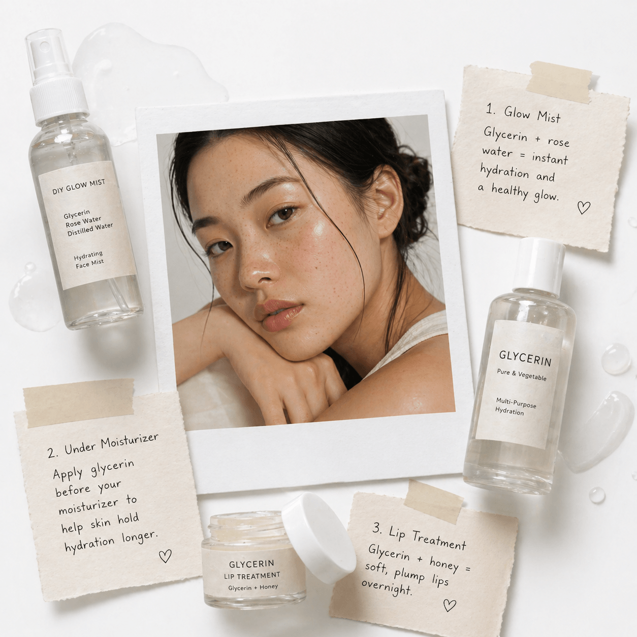 Glycerin skincare routine for dry skin showing DIY glow mist, lip treatment, and how to use glycerin under moisturizer