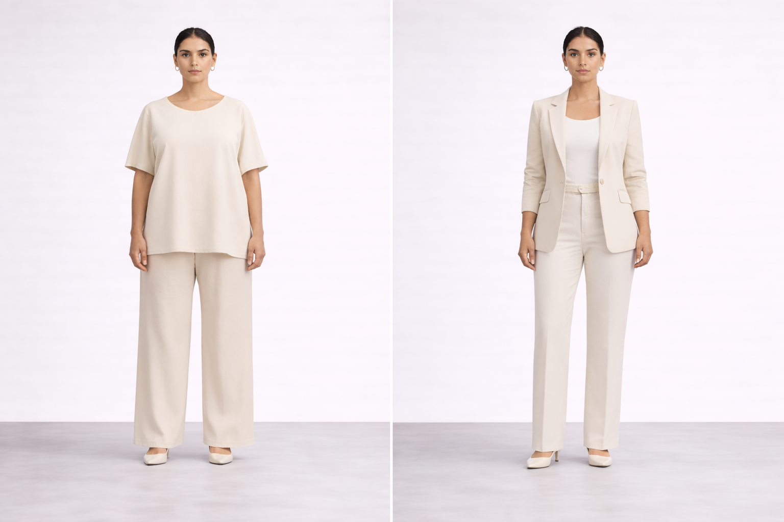 Pear body type outfit comparison showing structured blazer and streamlined trousers to balance wider hips.