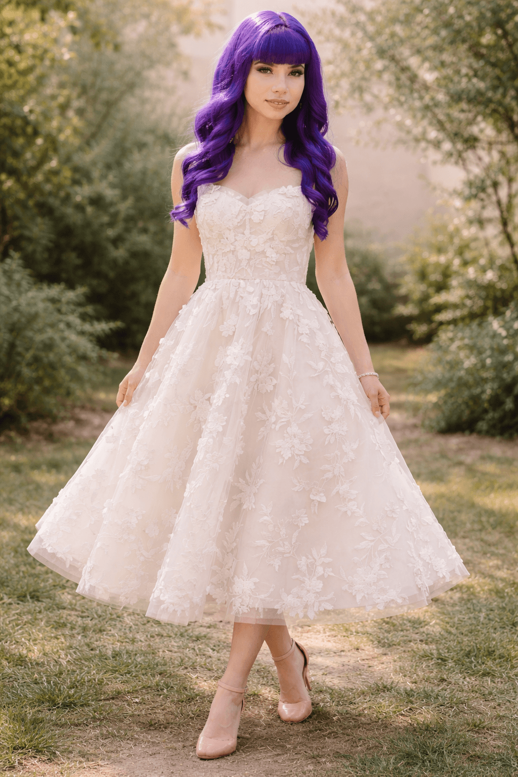 Bride wearing a floral tea-length elopement dress with textured appliqué and dusty rose heels in a soft romantic garden setting