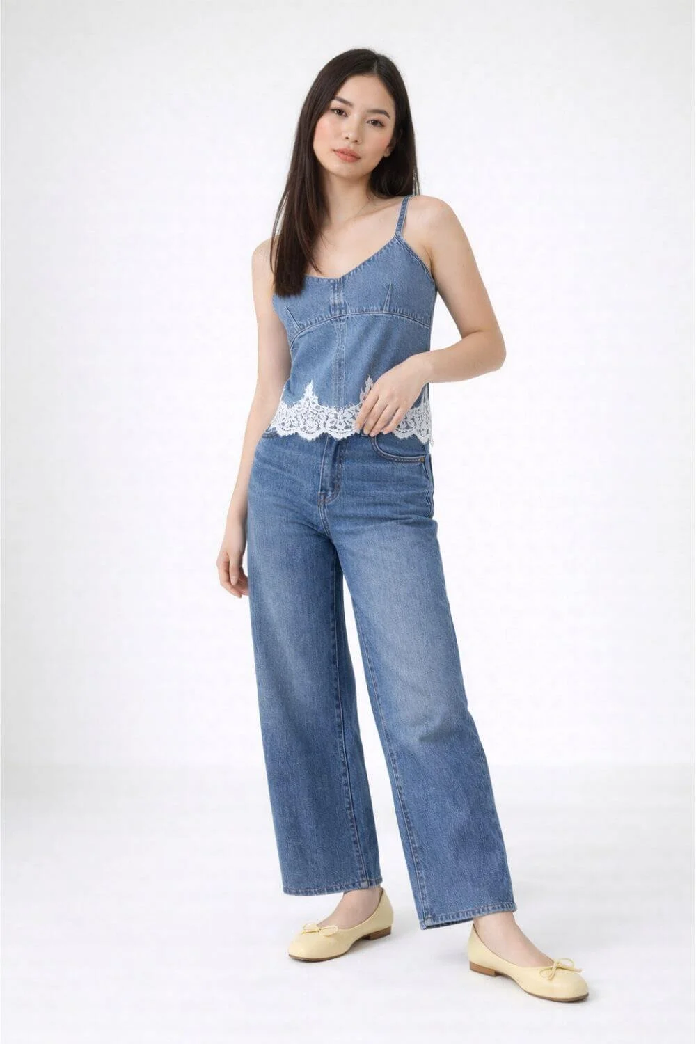 double denim outfit with wide leg jeans