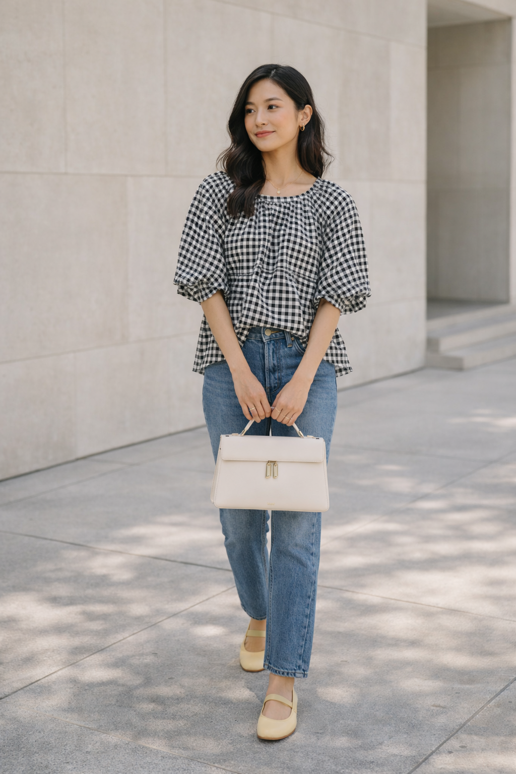 transitional spring outfit gingham blouse straight leg jeans mary jane flats spring casual outfit women