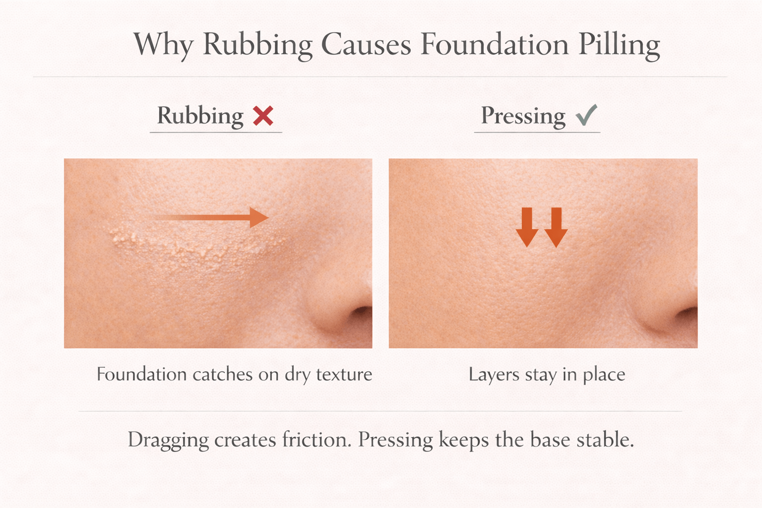 Comparison showing rubbing vs pressing foundation and how dragging causes makeup pilling while pressing keeps layers smooth