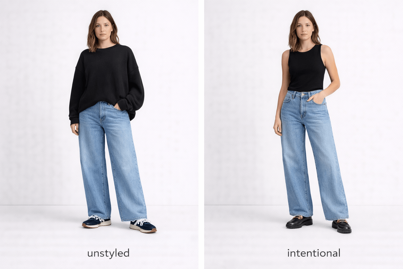 Comparison of wide leg jeans outfit with oversized top and chunky shoes versus refined look with defined waist and structured shoes.