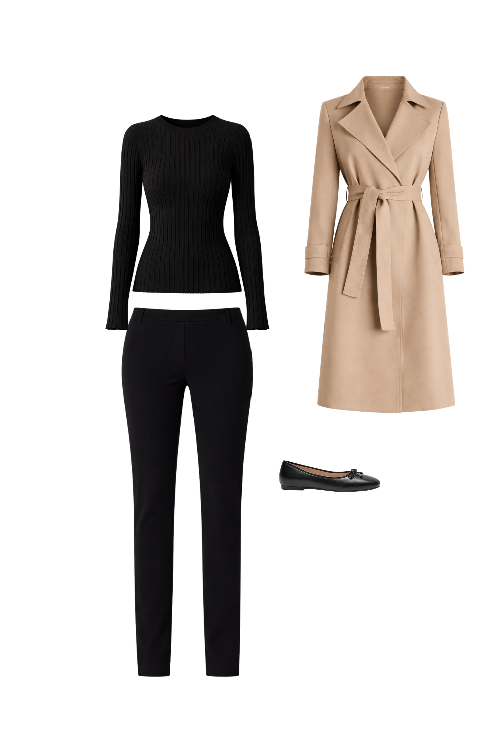 Black ballet flats worn with slim black trousers, ribbed black knit, and belted camel trench coat for a clean vertical silhouette.