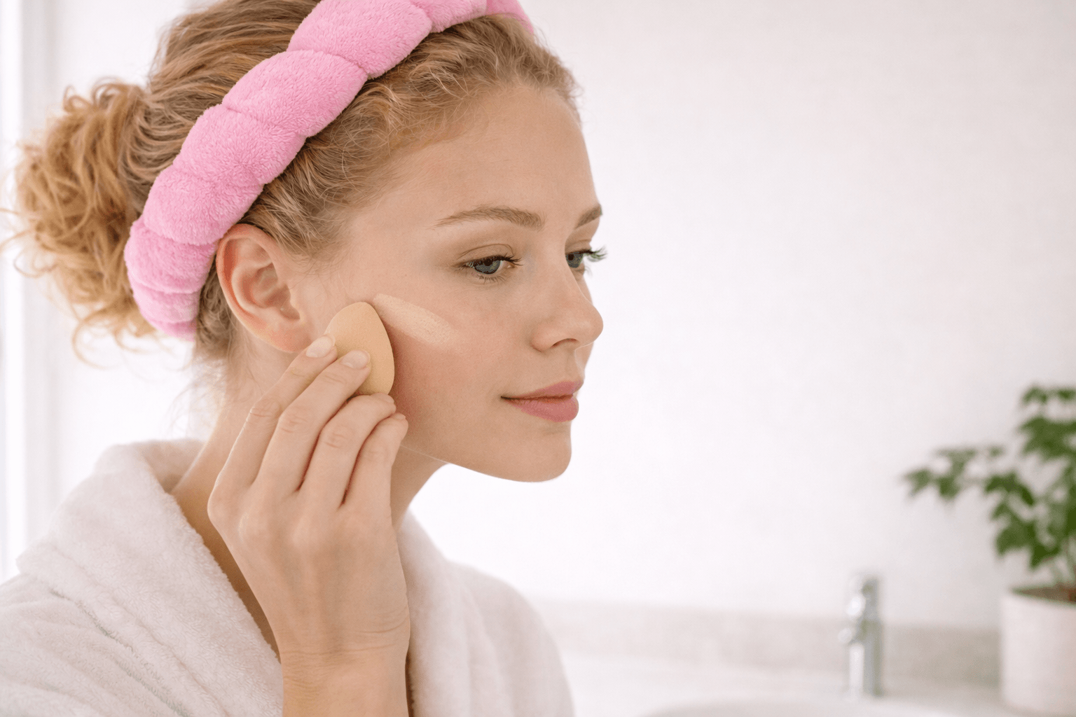 Woman wearing a makeup headband looking at a clock while waiting for moisturizer to absorb before applying foundation