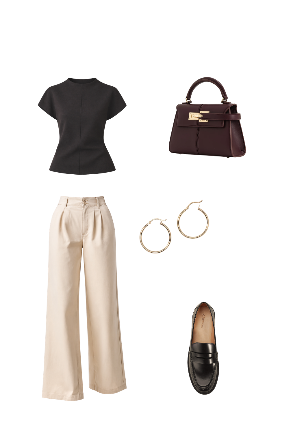Black knit top and cream trousers styled with sleek black loafers and a structured bag for a minimal modern loafers outfit.