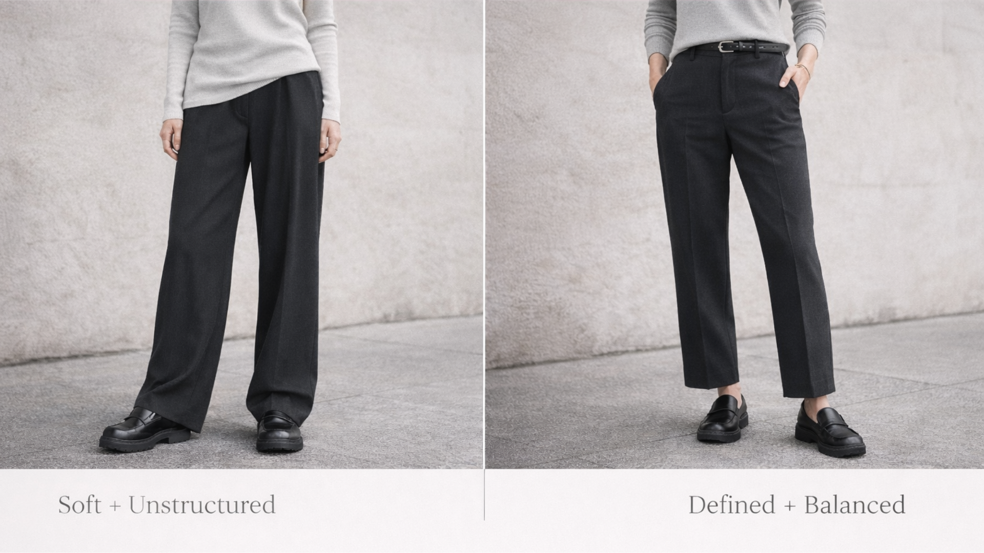 Side-by-side comparison showing how defining the waist and cropping the pant hem balances black loafers and wide-leg trousers.