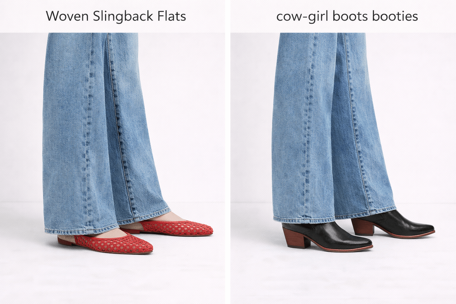 Wide leg jeans styled with minimal shoe versus structured shoe demonstrating how structure anchors the outfit.