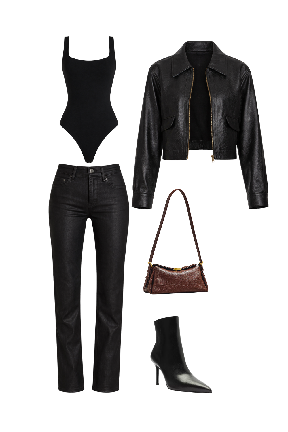 How to style jeans for date night with black coated denim, fitted bodysuit, structured leather jacket and sleek ankle boots.