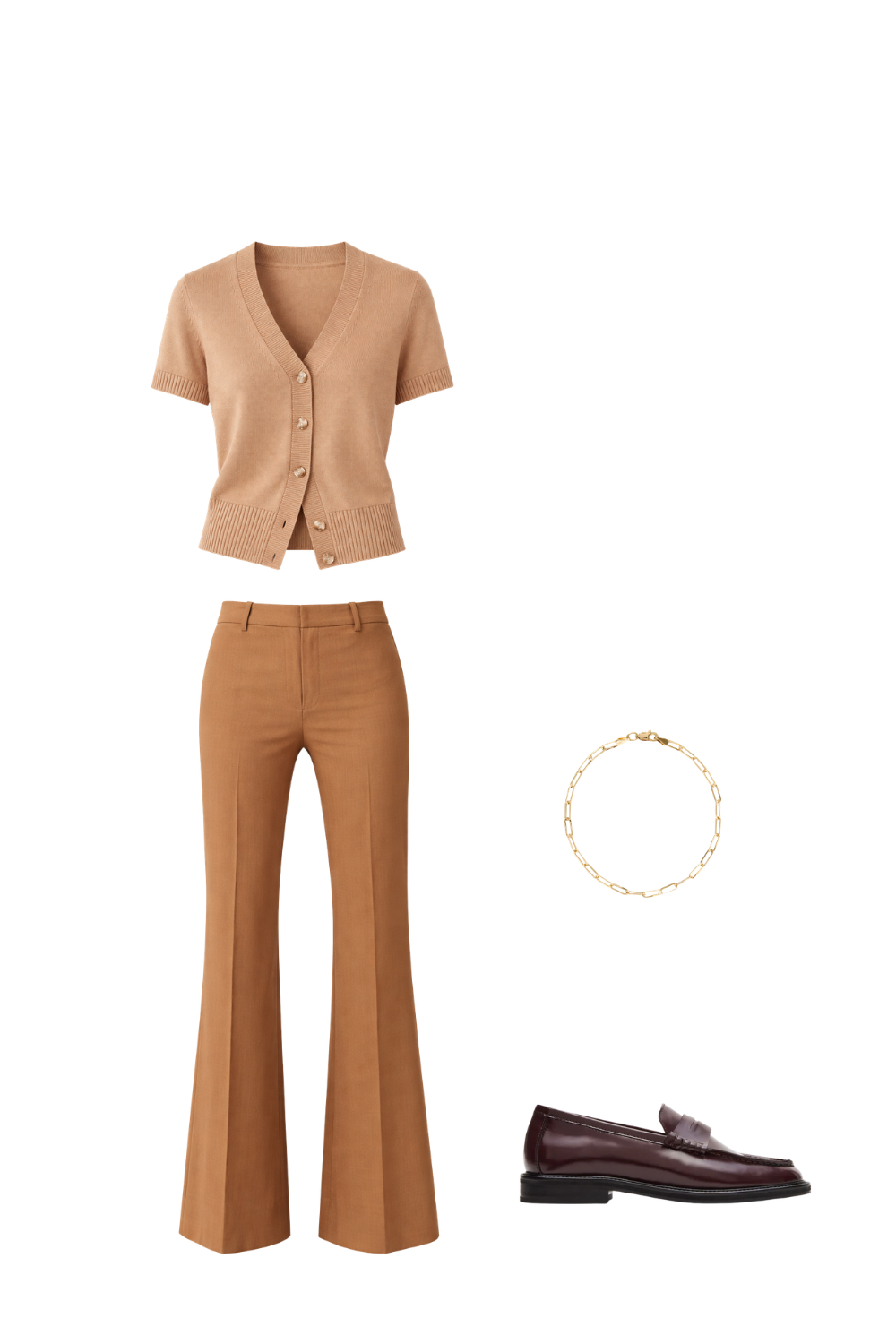 Camel knit cardigan and brown tailored trousers styled with brown loafers for a warm neutral outfit.