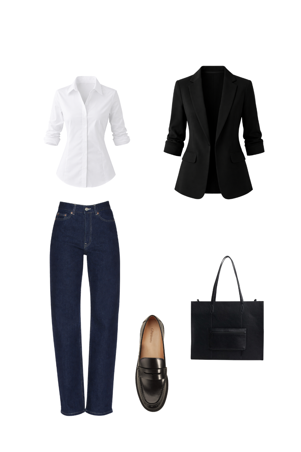 White button-down and structured blazer styled with dark straight-leg jeans and sleek black loafers for a modern business casual outfit.
