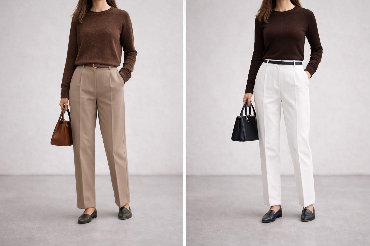 Side-by-side comparison of chocolate brown outfits showing mid-tone beige, rust, and olive combination versus deep brown with white and navy for clearer contrast and visual balance.